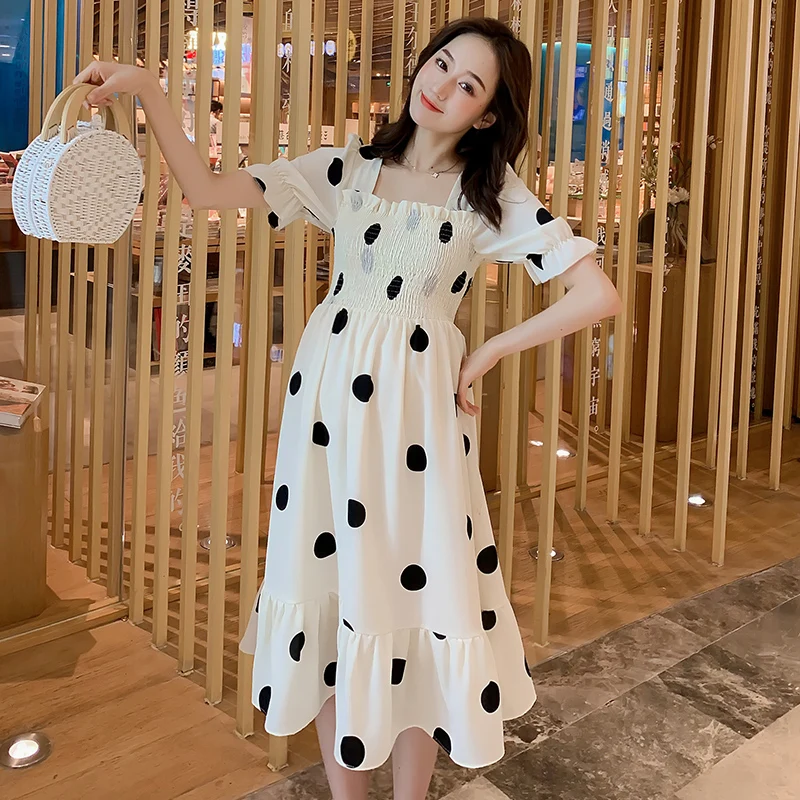 Модная летняя юбка для беременных модное платье в горошек с квадратным вырезом