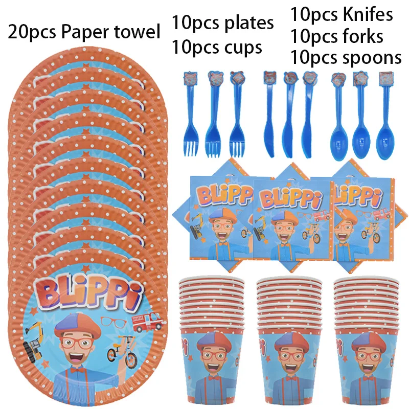 

Blippi theme kids Birthday Party Cups Paper Plates Disposable Tableware Set Banner Flags Baby Shower Decoration Supplies