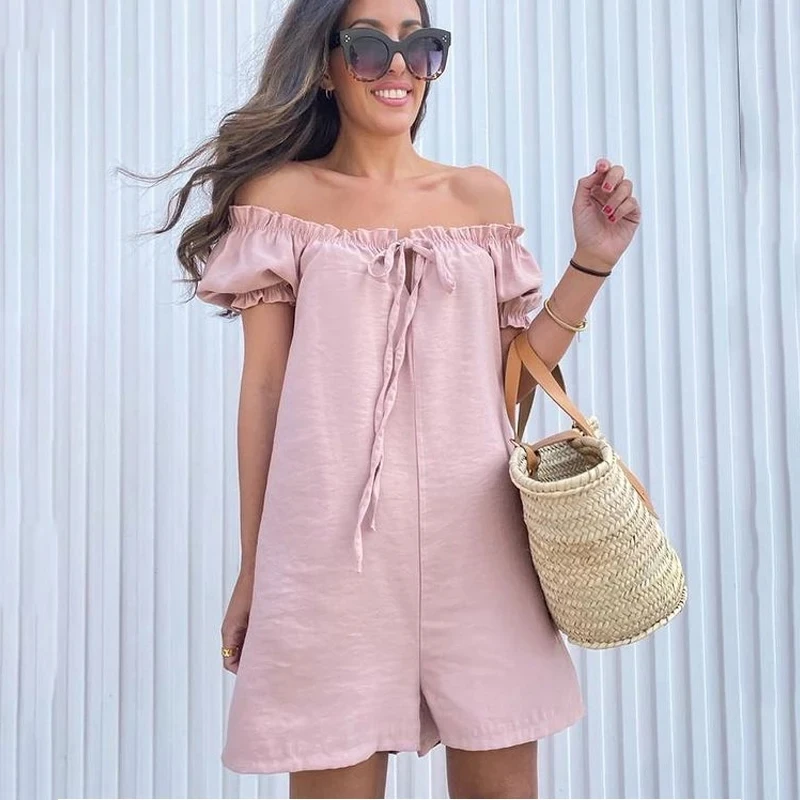 

Summer Sexy Off Shoulder Short Sleeve Women Rompers 2021 Casual Playsuits Ruched Lace-up Loose Short Pants Wide Leg Jumpsuits
