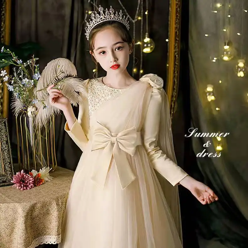 

2022Girls Birthday Evening Dress Princess Dress Yarn Children Flower Girl Spring and Autumn Foreign Style High-end Dress