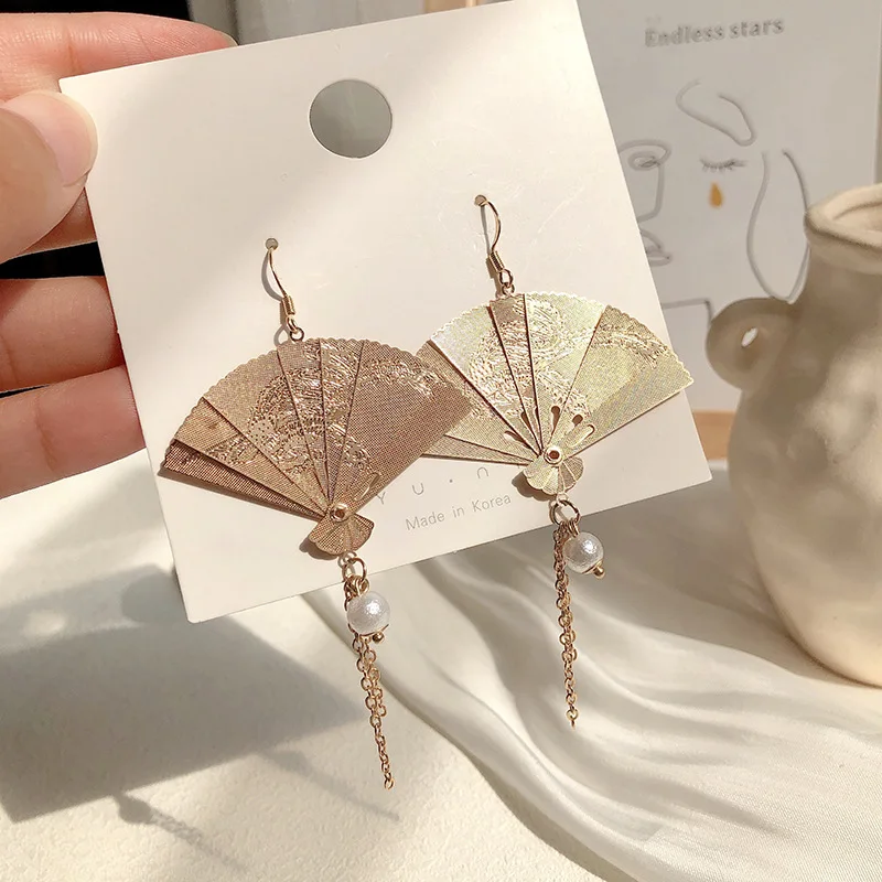 Новые резные антикварные веерообразные серьги Hanfu супер сказочные жемчужные