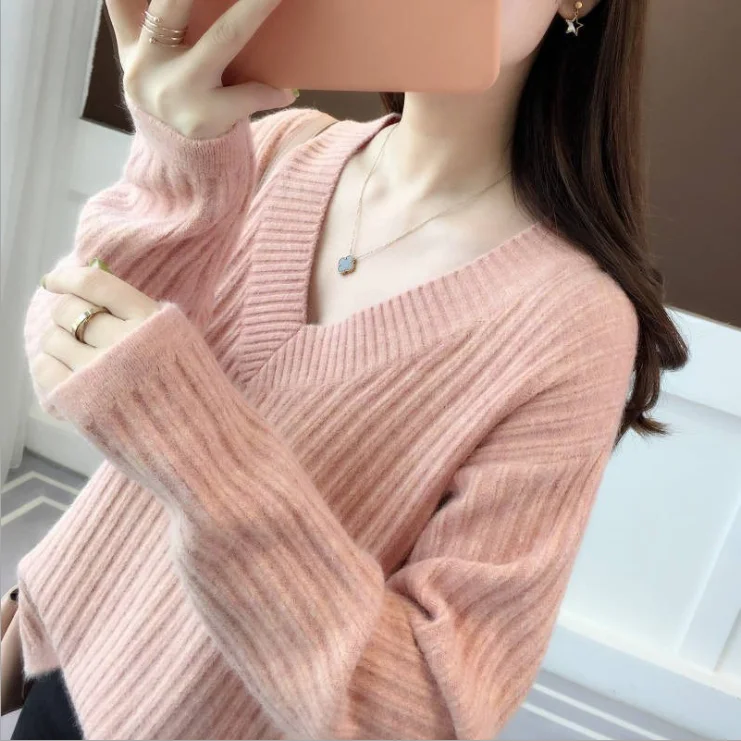 

New Autumn/winter Pullover V Neck Sweater Blouse for Women Loose Long Sleeve Knitwear