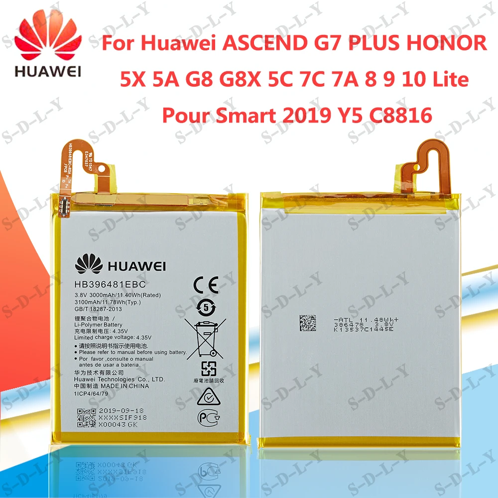 

Huawei HB396481EBC 100% качественный аккумулятор Hua Wei ASCEND G7PLUS HONOR 5X 5A G8 G8X 5C 7C/7A 8 9 10 Lite Pour Smart 2019 Y5 C8816