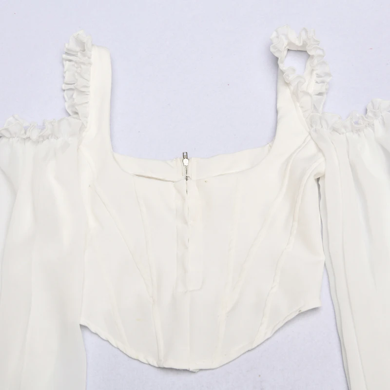 

HolaTeenYang Women Crop Top Patchwork Mesh See Through White Cropped Blouse Long Sleeve Ruffle Cut Out Sexy Party Shirt 2019