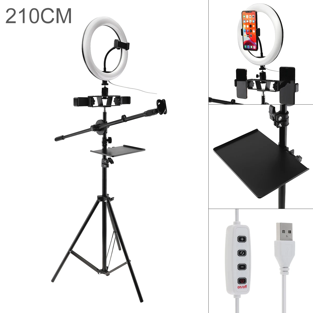 10 Inch 26cm Tripod Dimmable LED Selfie Ring Light with Mobile Phone Clips & Sound Card Tray for Live Photo Studio Video