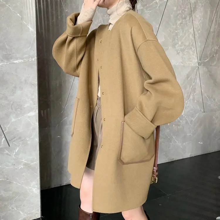 

Korean 100% wool double-sided cashmere coat women's loose small fashion versatile round neck tie autumn and winter coat