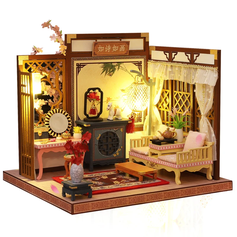 

New DIY KIT DollHouse Wooden Doll Houses Miniature Dollhouse Furniture Kit Toys For Children New Year Christmas Gift Casa
