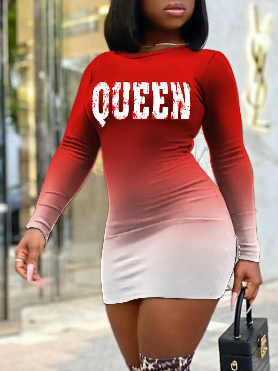 

European and American new sexy bag hip gradient color personalized printing long-sleeved plus size dress women