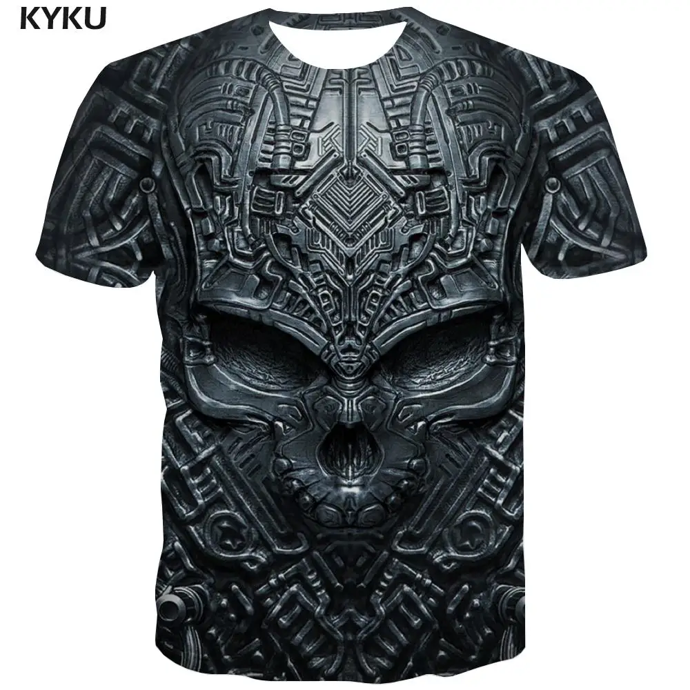 

2021 new men's 3d skull T-shirt, interesting metal T-shirt, short sleeve with war print, punk rock style, large size
