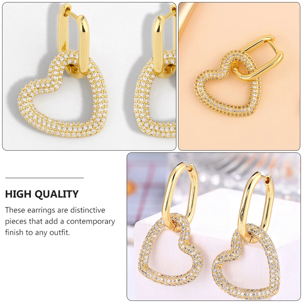 

1 Pair Heart Shaped Ear Pendant Copper Rhinestone Earrings Ear Jewelry (Golden)