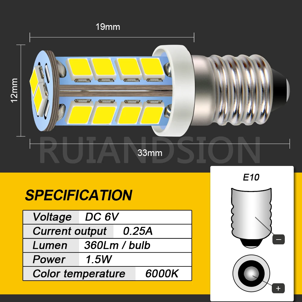Фото Сменная Лампа Bombillas Led 18 2835SMD E10, 6 в, 12 В, 360 лм, 6000 К, 10 шт. №3