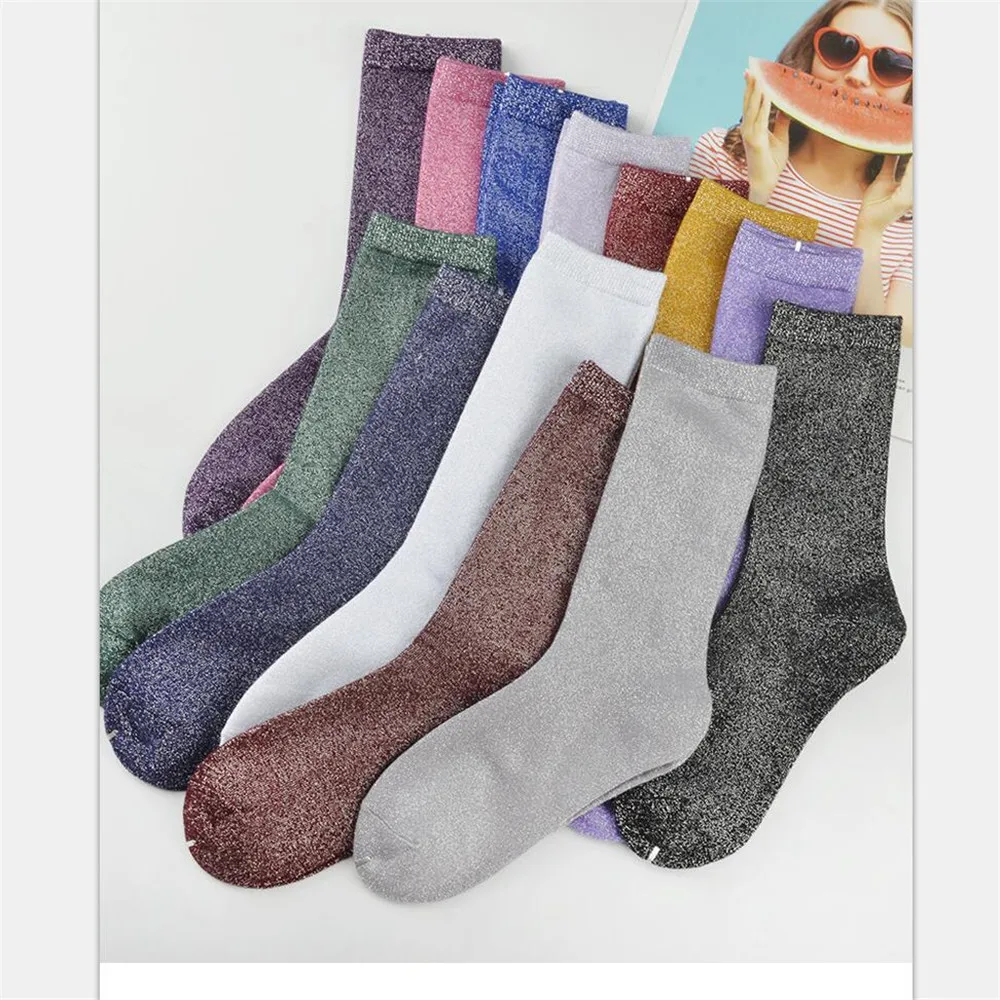 Women Solid Glitter Cotton Silver Lurex Socks Girls Long Shining Ankle Socks Female Thick Warm Winter High-Socks 10 pairs/ lot