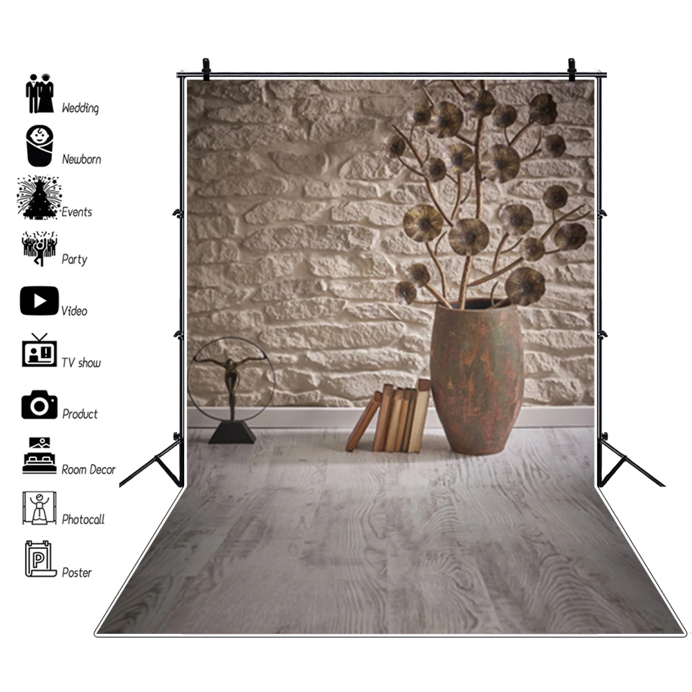 

Laeacco Vintage Brick Wall Wooden Floor Books Flowers Grunge Baby Portrait Photography Backdrops Photo Backgrounds Photozone