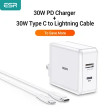 ESR 30W PD Charger+30W Type C to Lightning Cable Power Delivery Fast Charger Plug USB C PD Charger 5V MFi Cable for iPad iPhone