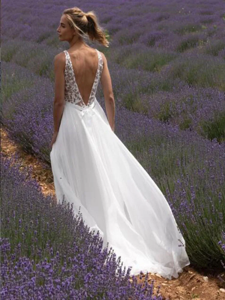 

Hi Shy Bride New simple wedding dress backless sleeveless design chiffon lace bride dresses princess dress plus size tailor-made