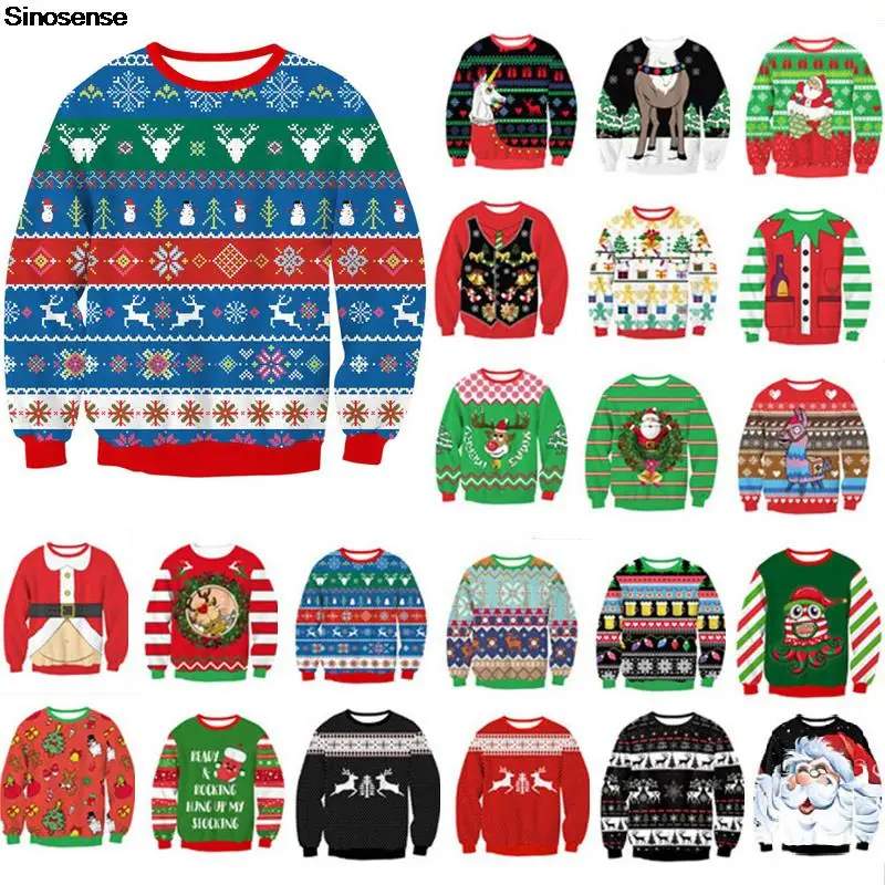 

Men Women Christmas Sweater 3D Funny Snowflakes Snowman Reindeer Print Ugly Christmas Sweatshirt Holiday Party Xmas Jumpers Tops
