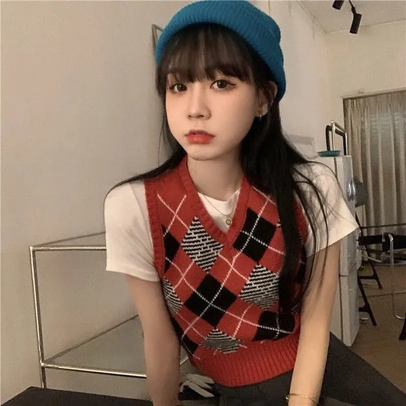 Вязаный жилет для женщин Ретро стиль Harajuku в студенческом стиле студентов без