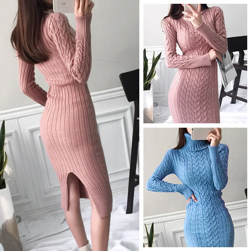 

Теплое вязаное платье с длинным рукавом, осенне-зимняя Толстая водолазка, женская сексуальная верхняя одежда, платье-свитер на бедрах