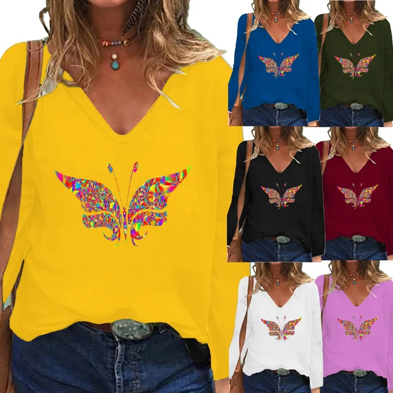 

Autumn and Winter Women Clothing Solid Color Fashion Printing Graphic Tee Long Sleeve V-neck Pullover Loose Casual Tops-tee