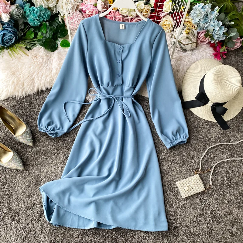 

Ladies 2021 New Spring Summer Women's Solid Dress Bandage Square Collar High Waist Long Sleeve Street Style Ladies Dress