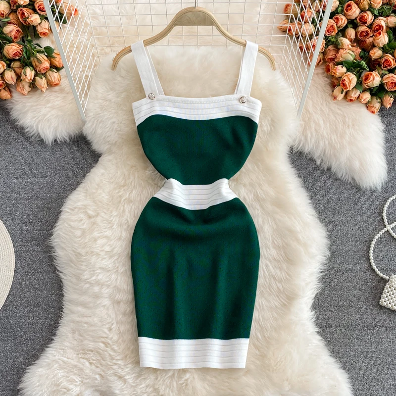 

Amolapha Women Backless Pack Hip Sheath Strap Mini Dress 2021 High Quality Patchwork Color Slim Off Shoulder Knitted Clothing