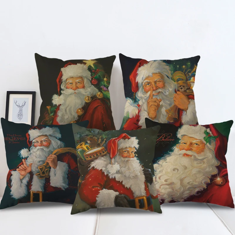 

Рождественская наволочка с Санта-Клаусом, наволочка для подушки, офиса, дома, наволочка из хлопка и льна на молнии, аксессуары для дома и сем...