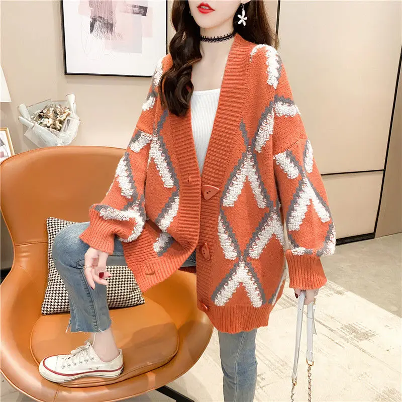 

New autumn and winter New thickened sweater women's all-match loose lazy wind rhombus jacket