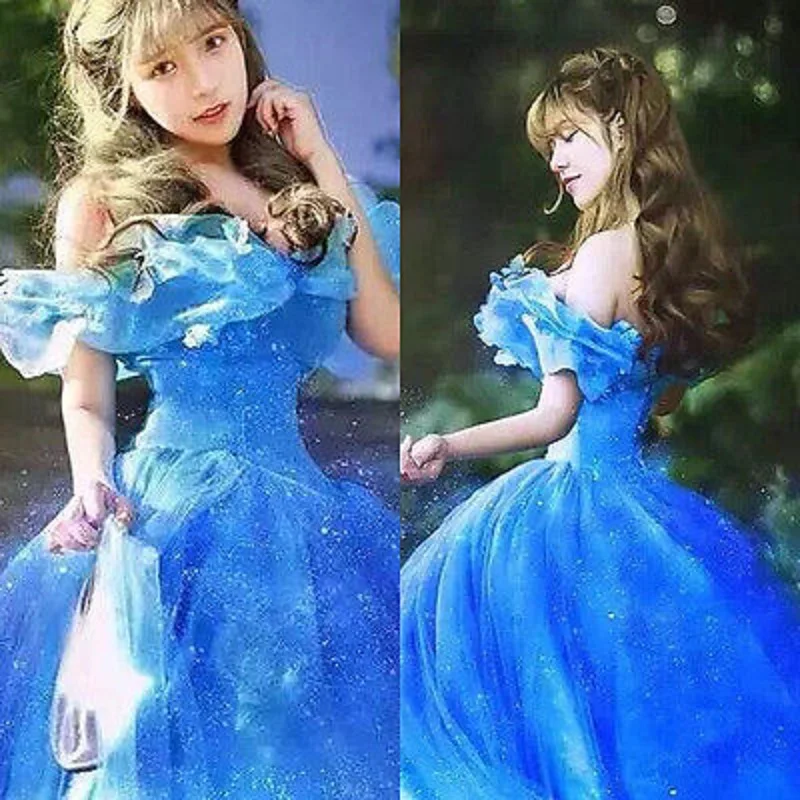 

New Blue Fancy Dress Movie Scarlett Sandy Princess Cinderella Dress Off Shoulder Cosplay Costume Adult Girls Dresses