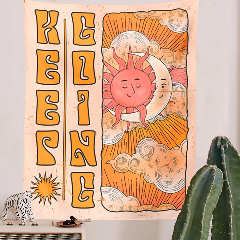 Гобелен с цитатой Keep Going Настенный декор в стиле ретро 70-х подвеска виде солнца