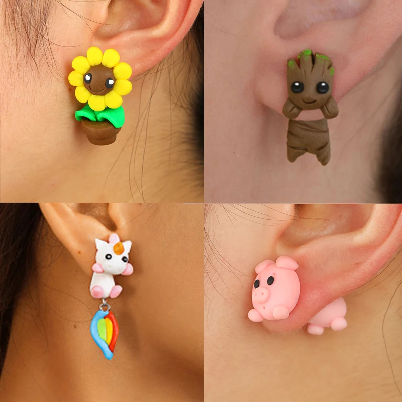 Милый Полимерная глина серьги гвоздики с животными для женщин женские туфли