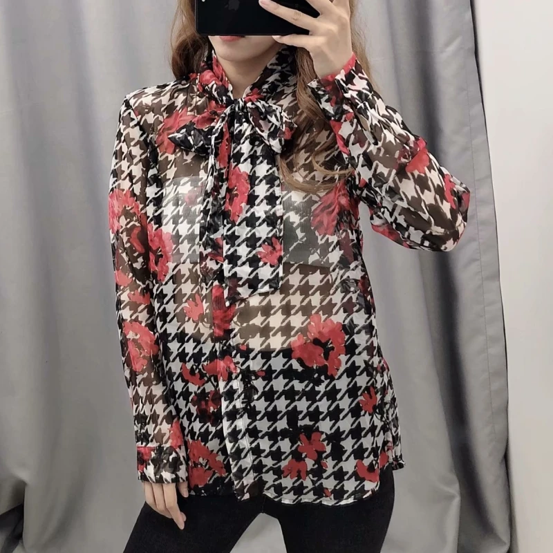 Платье с цветочным принтом для женщин со стоячим воротником бантом лентой