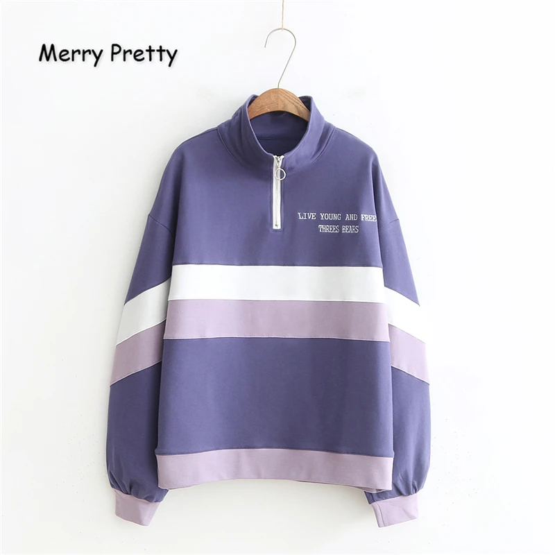 

Women's Letter Embroidery Hoodies Sweatshirts Stand Collar Hit Color Pullovers 2021 New Sweet Style Loose Tracksuit MERRY PRETTY