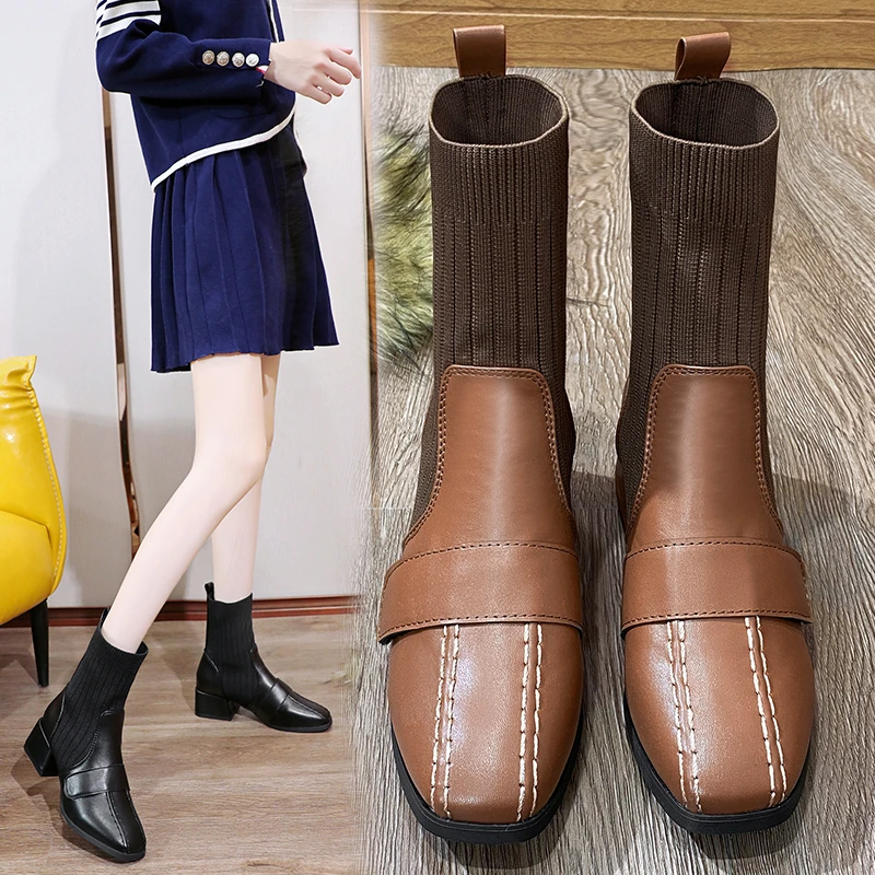 

Large size Women's boots calf shoes stretch fabric casual thick-soled boots knitted mesh ankle boots autumn plus size ankle boot