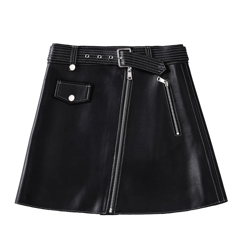 

High Quality Ladies A Line Belted Short Skirt Zipper Punk Style Genuine Leather Mini Skirts Slim Sheepskin Moto Biker Sexy Skirt