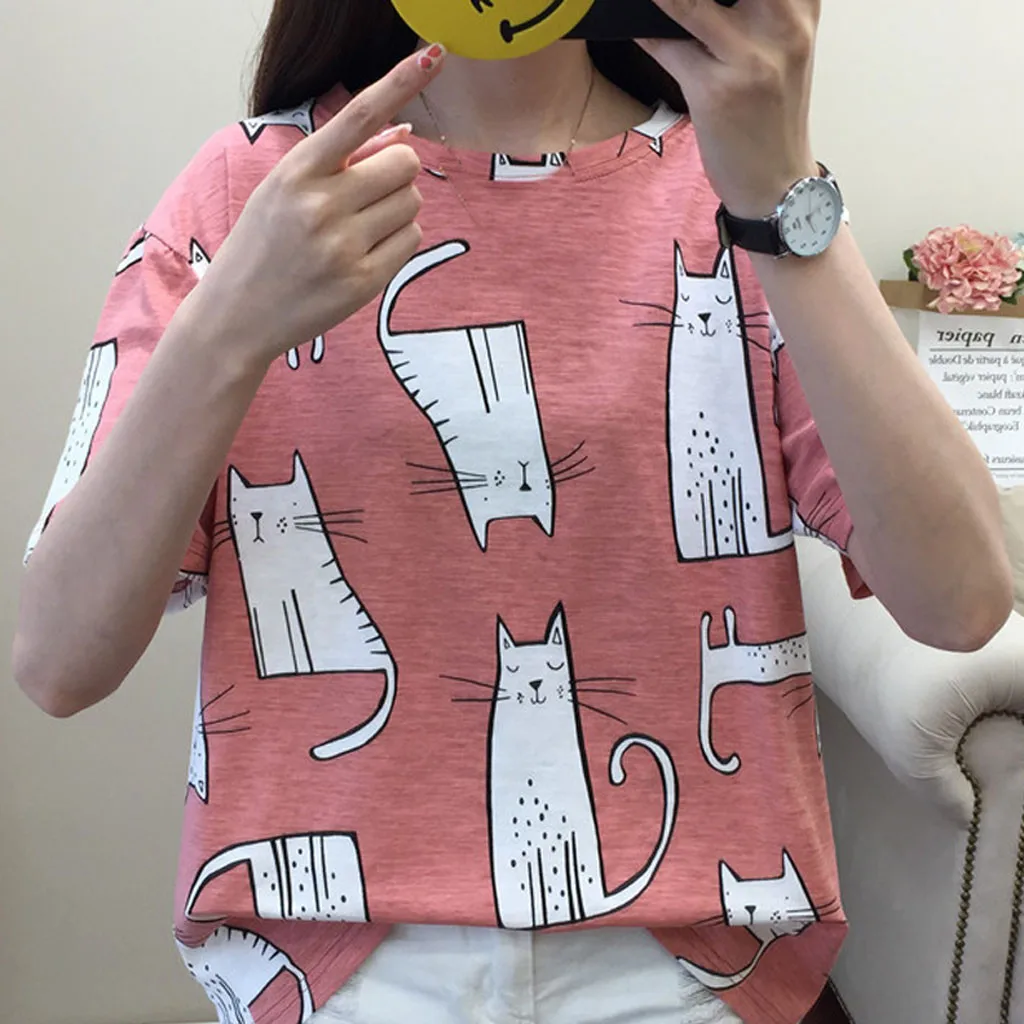 Милая мультяшная кошка с длинным хвостом напечатанная женская футболка новинка