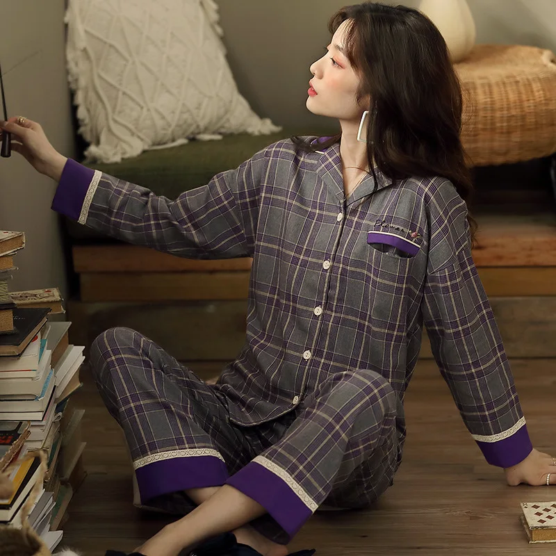 Новинка весна-осень Пижама женская тканая хлопковая Корейская версия простой