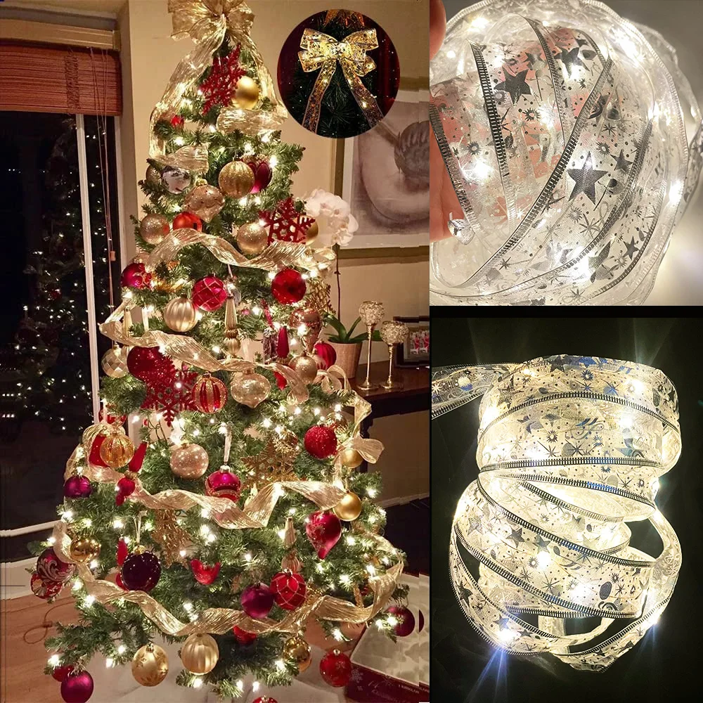 

40 LED 4M Double Layer Fairy Lights Strings Christmas Ribbon Bows With LED Christmas Tree Ornaments New Year Navidad Home Decor
