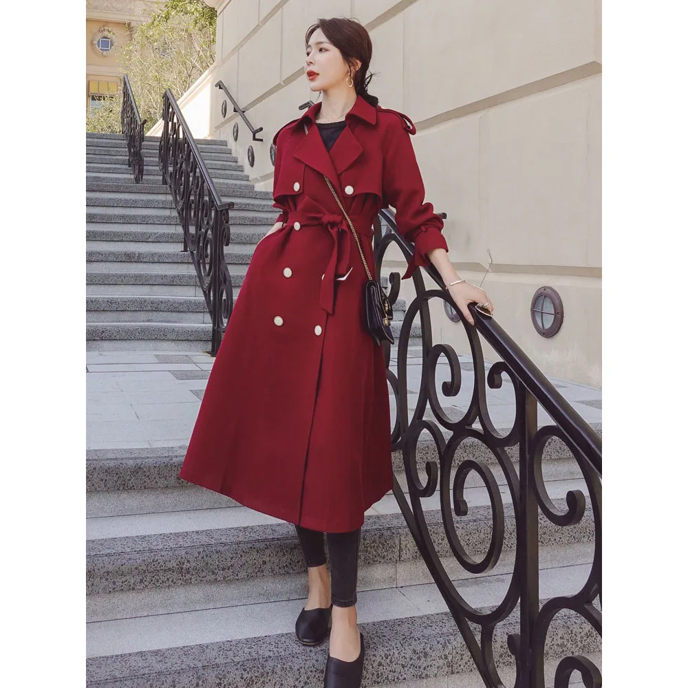 Женский двубортный Тренч с поясом длинное пальто в британском стиле отложным