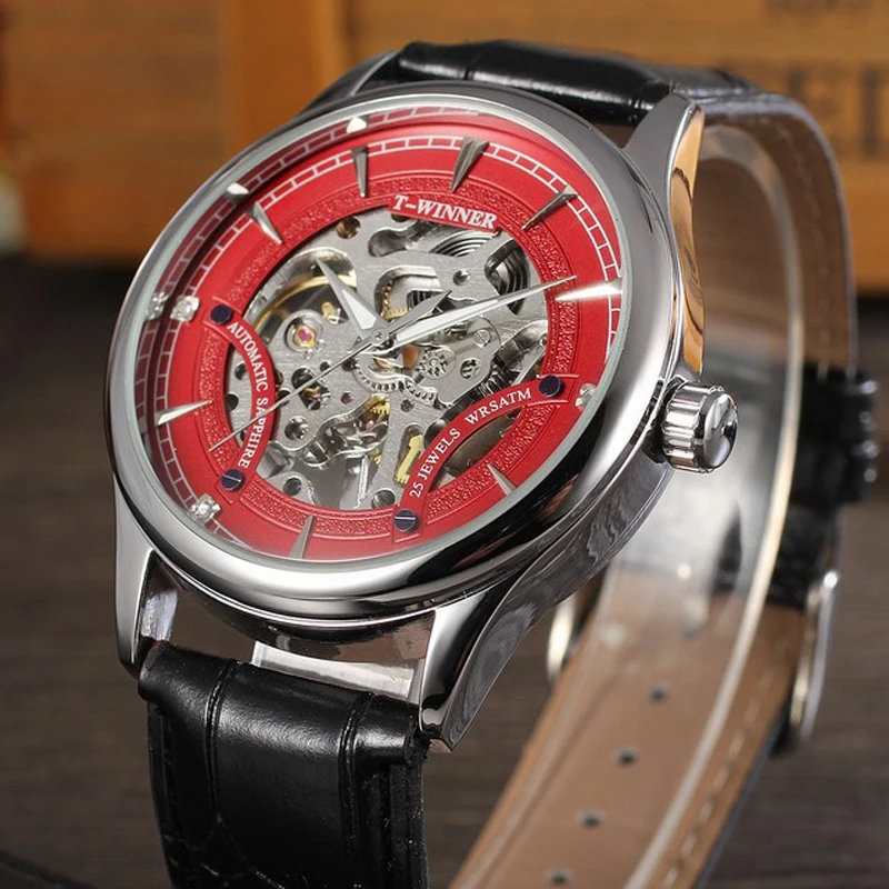 hot selling fashion men mechanical watch winner top brand luxury casual leather wristband hollow dial design waterproof watches free global shipping