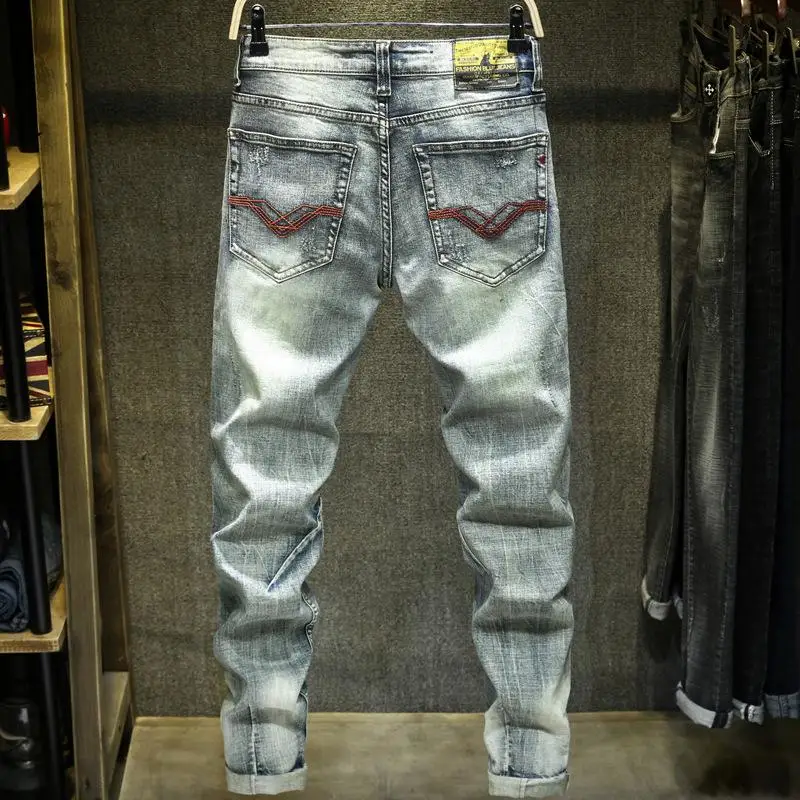 

Men's Casual Jeans Vintage Denim Long Pants Motorcycle Wrinkle Trousers
