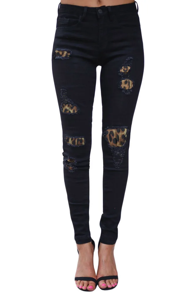 

Женские черные узкие джинсы, леопардовые рваные джинсовые брюки-карандаш в стиле пэчворк, Стрейчевые облегающие Женские джинсы, женские дж...