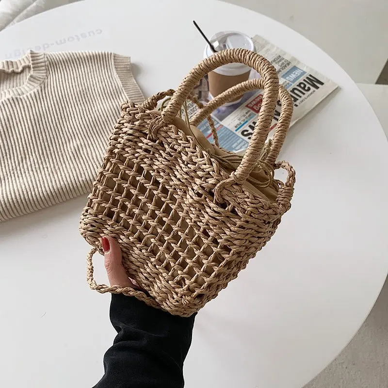 

Women Beach Handbags Shopper Bags Cute Cherry Hollow Handmade Girl Shoulder Bag Woven Rattan Bohemian Summer Vacation Casual Bag