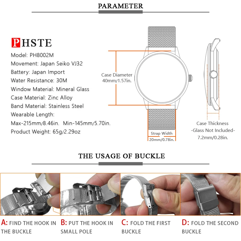 

PHSTE Brand Men Watches Slim Quartz Watch for Men Japan Movement Luminous Date Waterproof Thin Blue Steel Mesh Male Wrist Watch