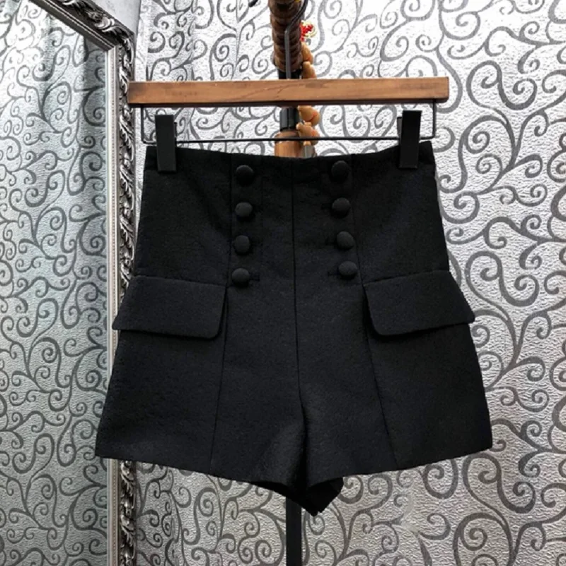 

2020 Autumn Fashion Shorts High Quality Women Vintage Button Pocket Flap Deco High Waist Casual Basic Shorts Pink Black Short