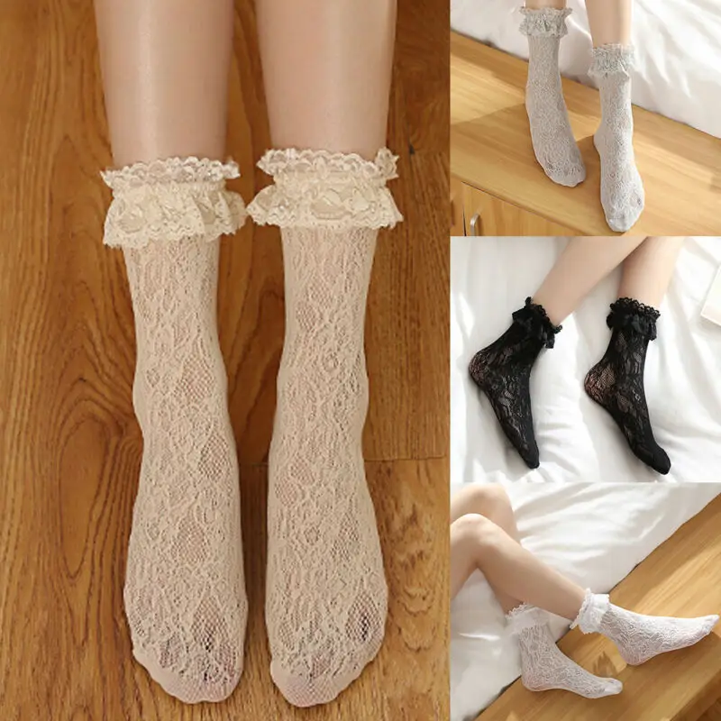 

Sweet Retro Woman Lolita Ruffled Casual Lace Princess Short Socks Kawaii Meias Sox Pink Black White Gray Beige for Ladies Girls