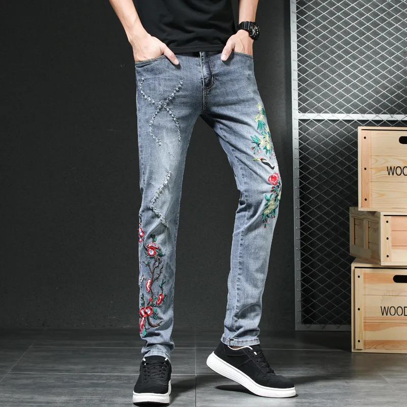 

New Men's Ripped Embroidered Pencil Jeans Street Trendy Youth Slim Fit Cowboys Trousers Male Fashion Casual Straight Denim Pants