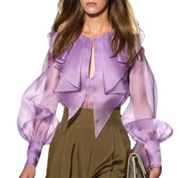women purple shirts blouses tops long lantern steeves office ladies see through tops fashion clothes 2021 party birthday blouse