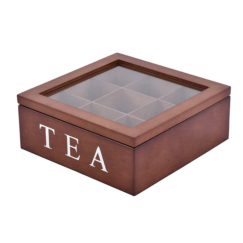 

9 Cells Wooden Storage Box with Visible Lid for Tea Bag Jewelry Coffee Retro Style 23*23*9CM Home Storage & Organization LBS