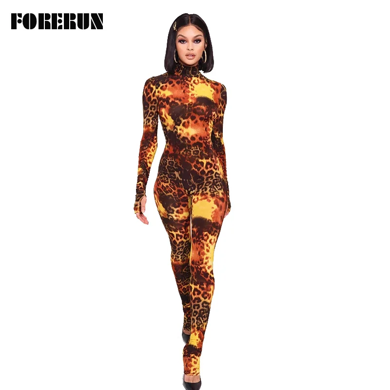 FORERUN Комбинезоны женские с леопардовым принтом перчатками Сексуальные