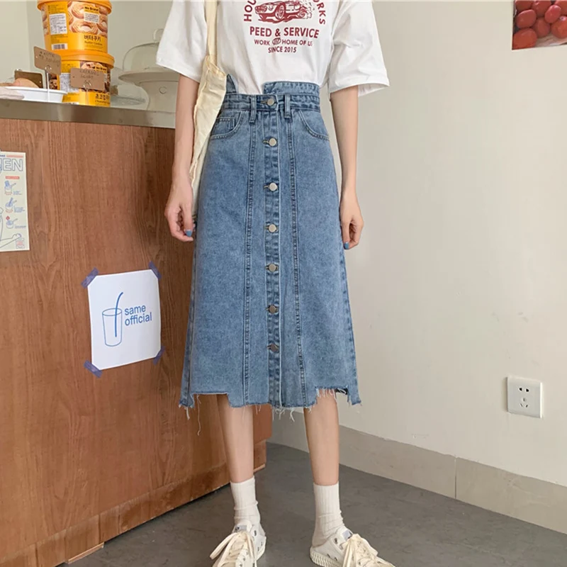 

Single Breasted Summer Denim Skirts Women High Waist Vintage Warp Pencil Skirt Notch Tassel Long Straight Skirts Plus Size X260